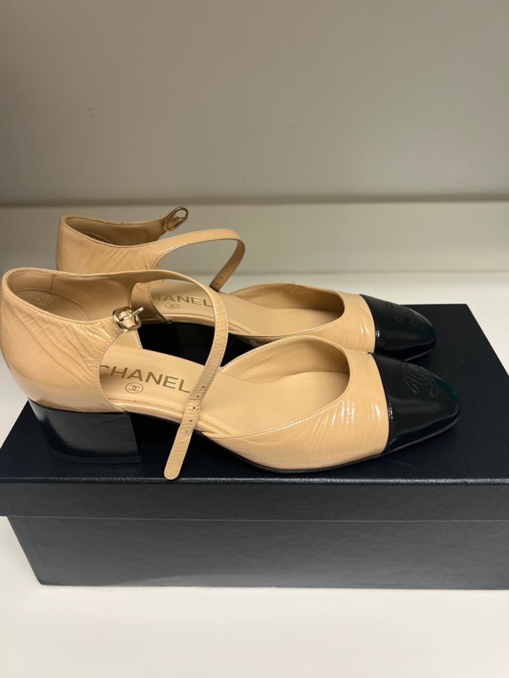 CHANEL Beige and Black Mary Jane Block Heel Pumps